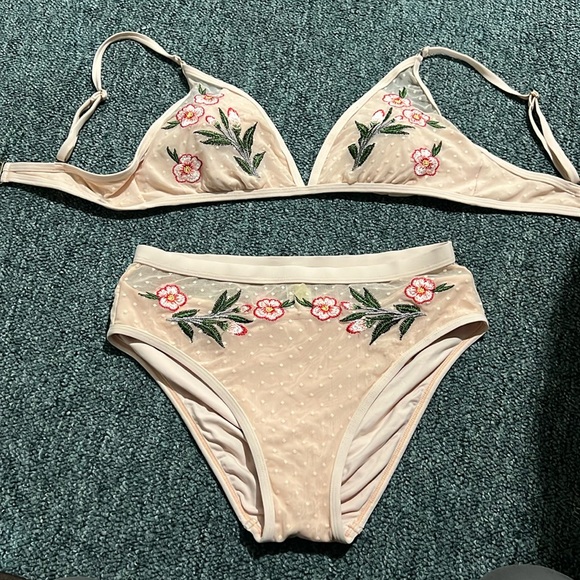 GIANNI BINI mesh floral lingerie inspired bikini set pale pink swim medium M - Picture 2 of 11
